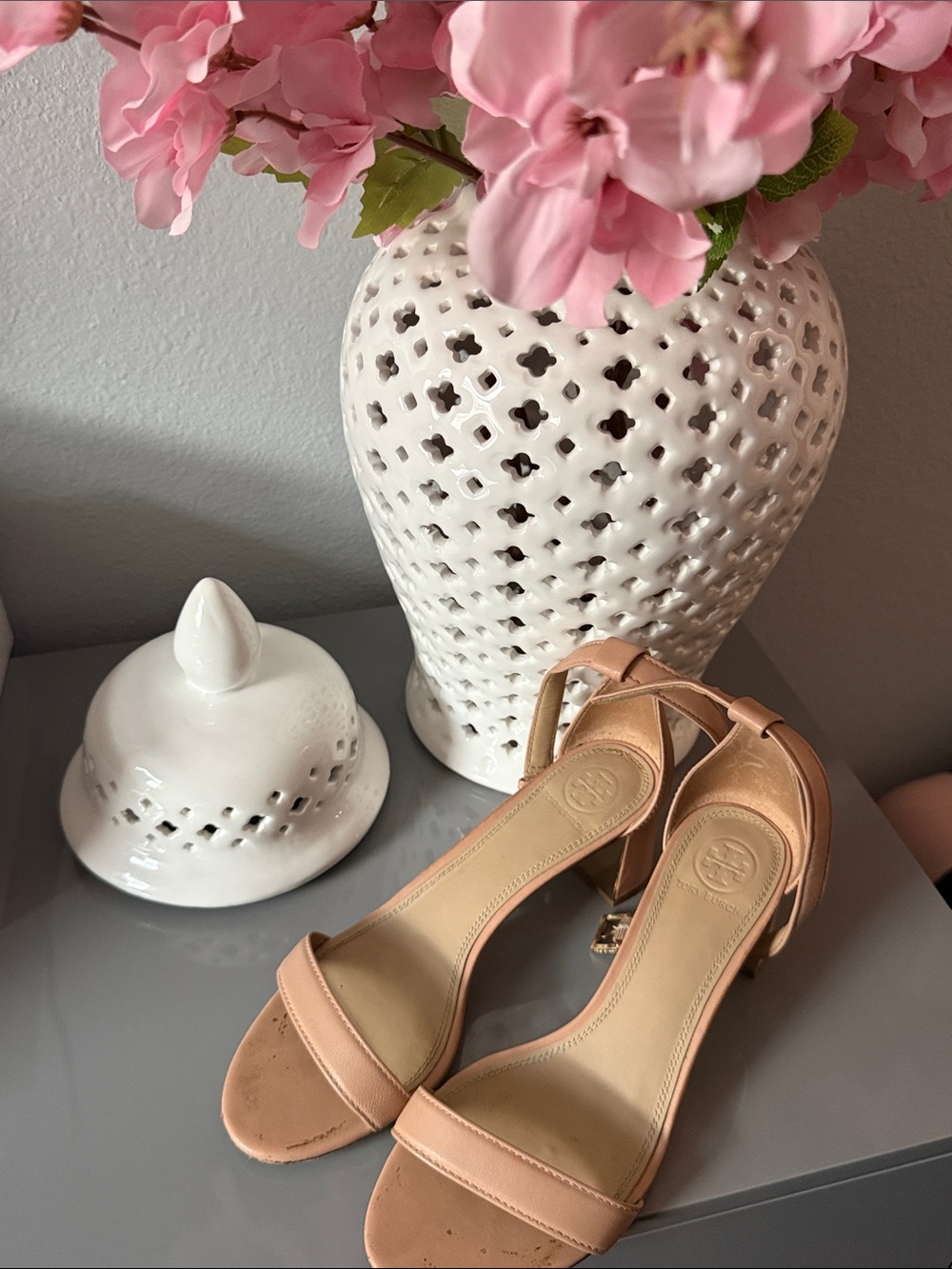 Tory Burch Tan Nude Block Heel Sandals with Gold Accent